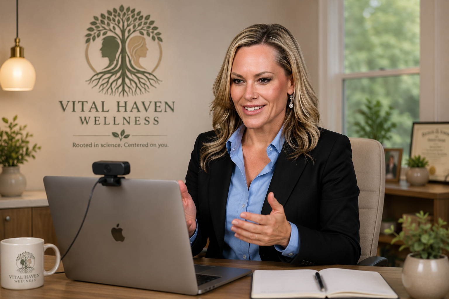 Heather L. Stevens, MSN, AGNP-C, meeting with a patient by video