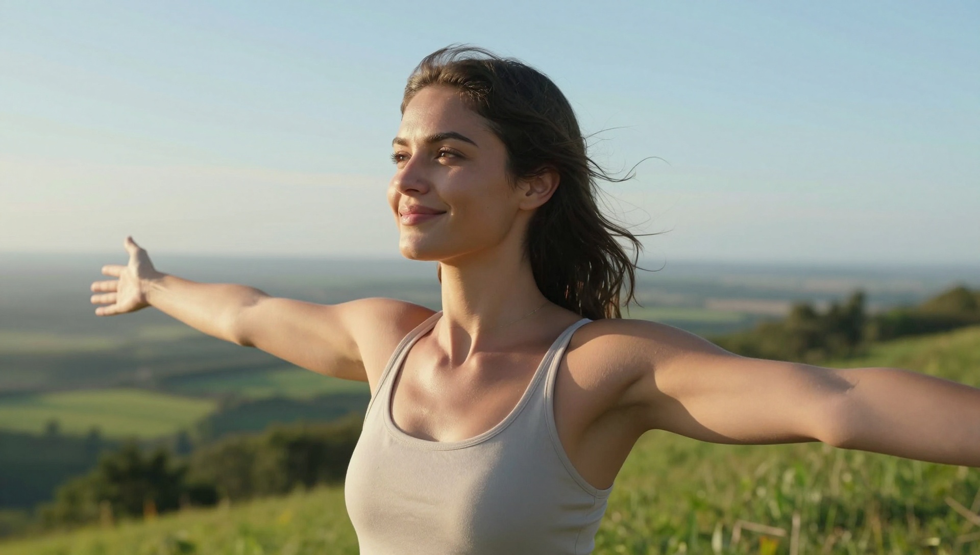 Woman with arms outstretched on a sunny hilltop, feeling balanced and well