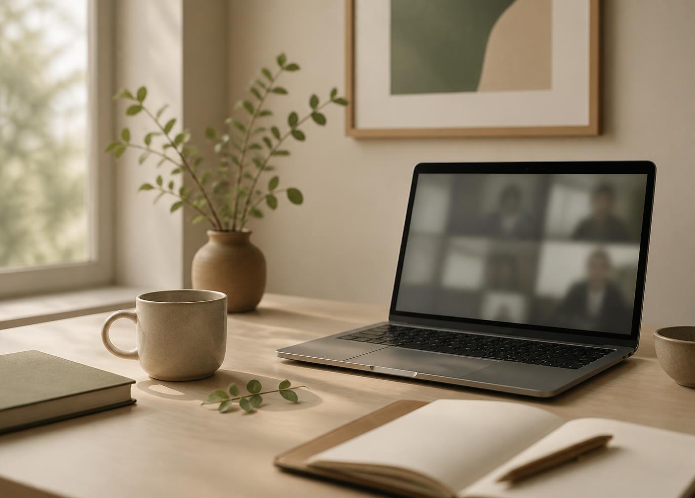 A calm home workspace set up for a telehealth appointment